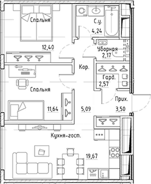 2-комнатная квартира 61.28 м², 6/10 эт., ЖК «LEGENDA Лисичанская 22»